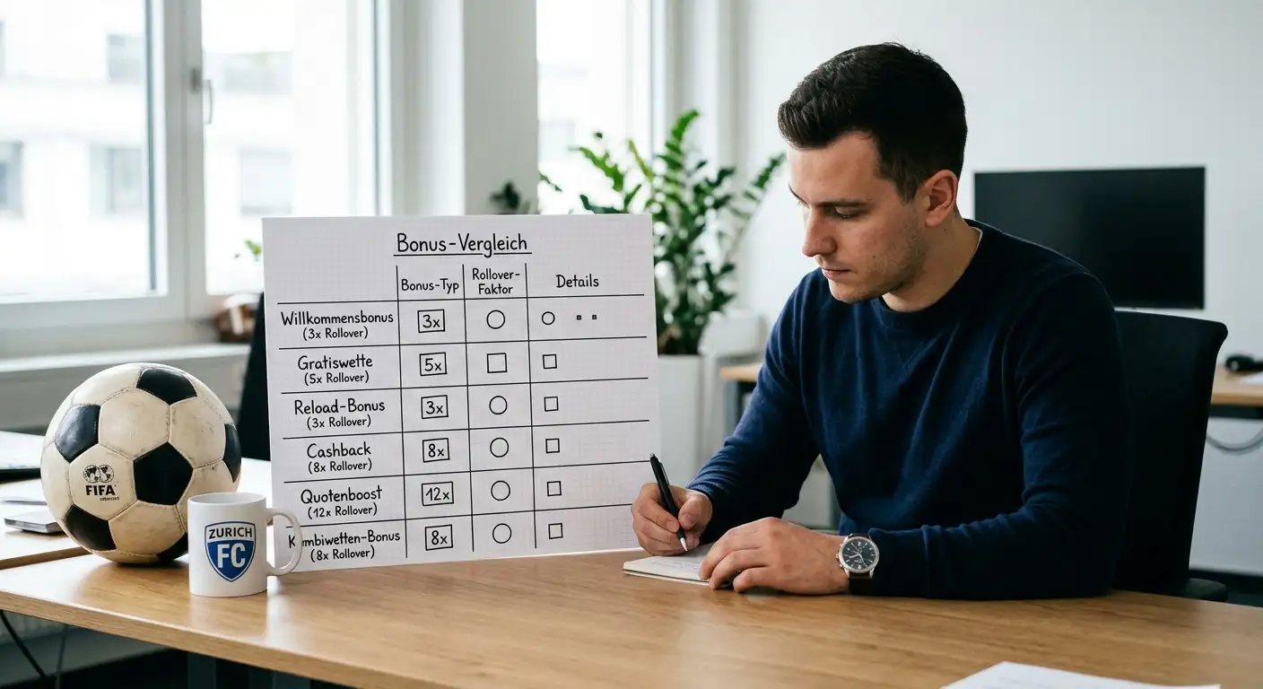 Überblick über Sportwetten-Bonustypen und Rollover-Anforderungen für Schweizer Fussball-Tipper