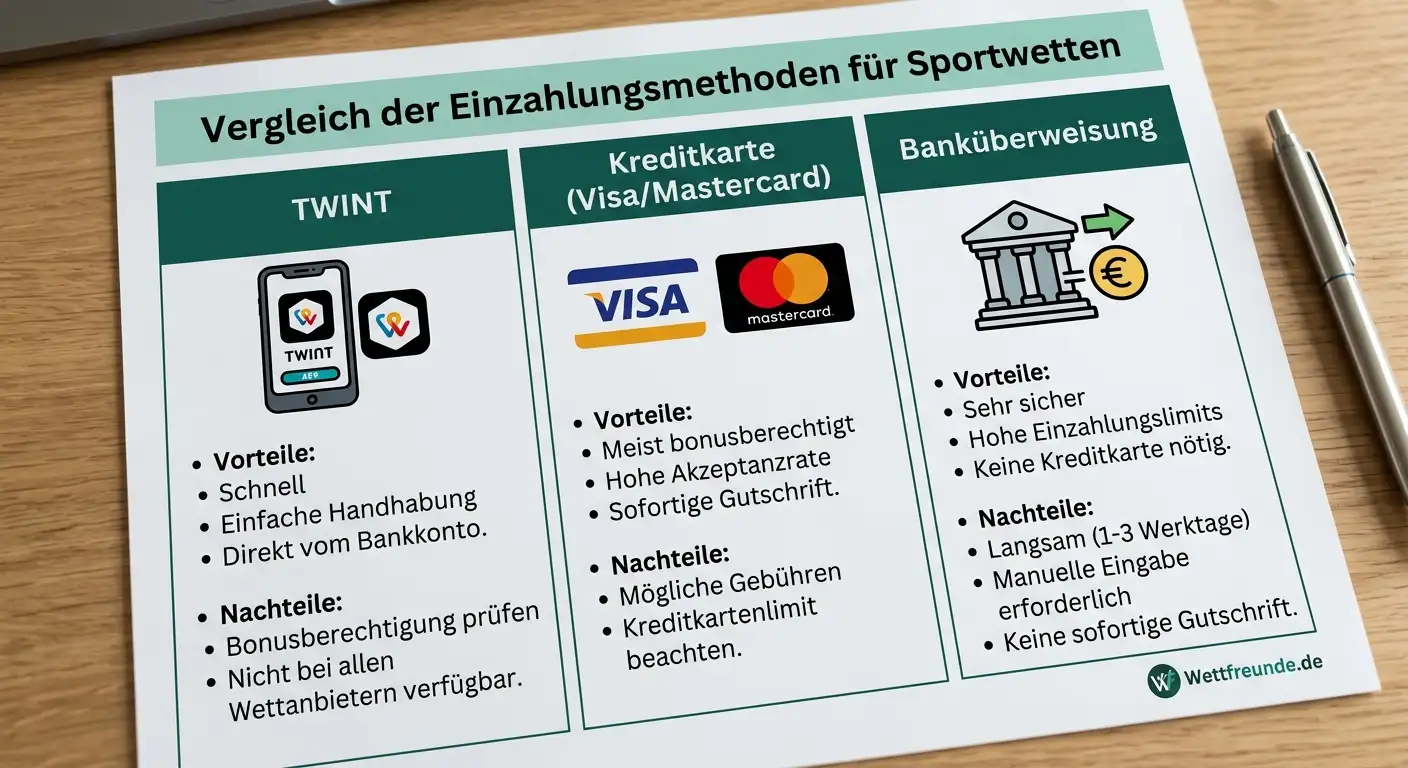 Zahlungsmethoden-Vergleich für Sportwetten Einzahlungsbonus – TWINT, Kreditkarte und Banküberweisung