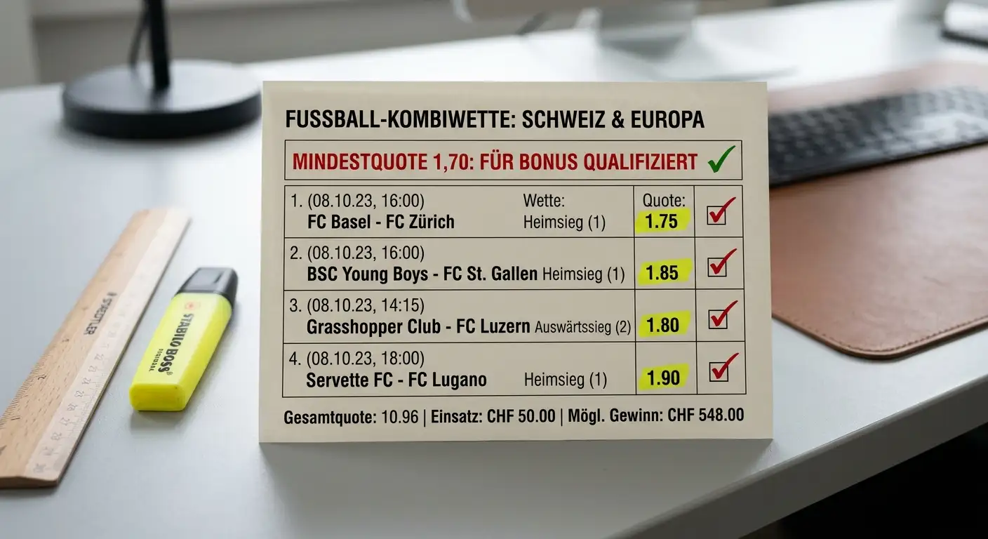 Mindestauswahl und Mindestquote beim Kombiwetten-Bonus Schweiz – Fussball-Akkumulator mit Quotenvorgaben