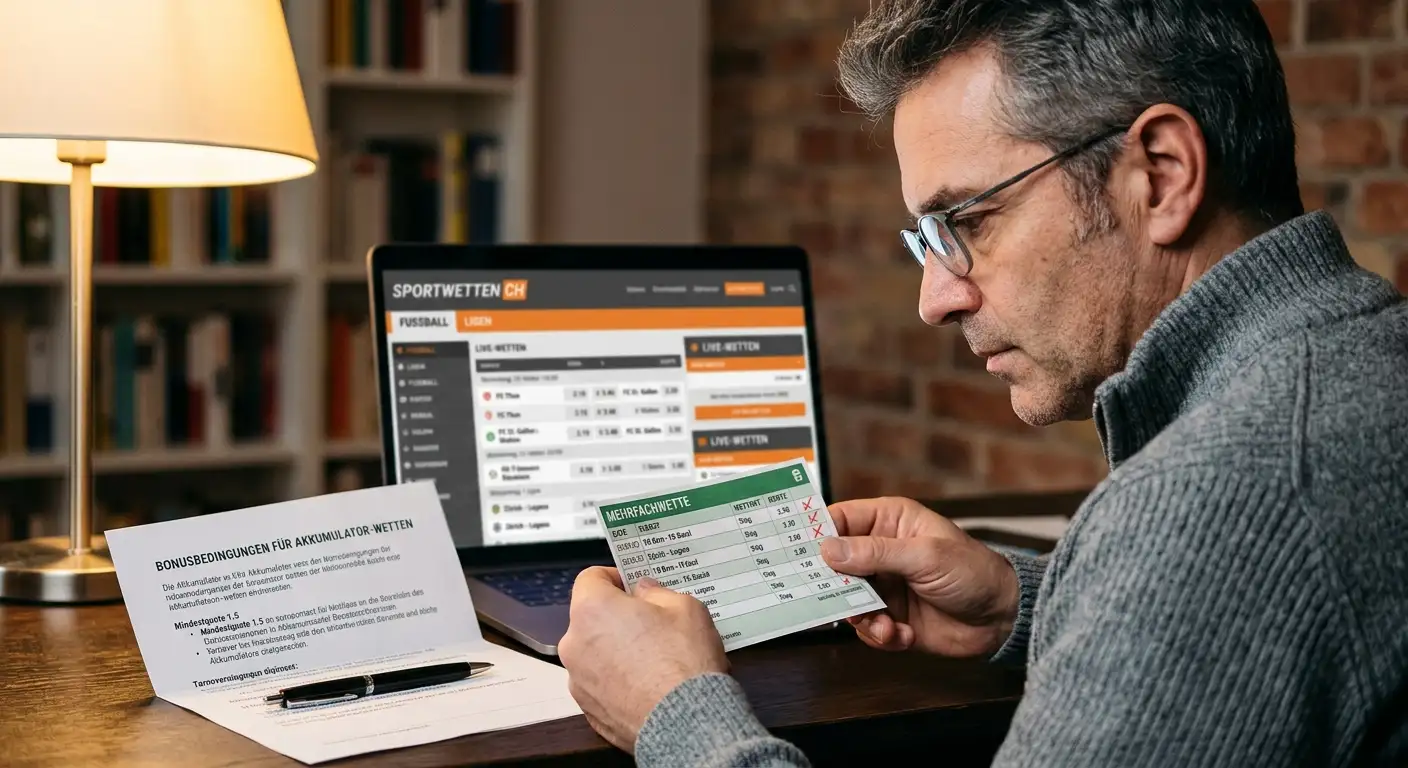 Strategie für Kombiwetten-Bonus Rollover Schweiz – Tipper prüft Akkumulator-Wettschein mit Bonusbedingungen