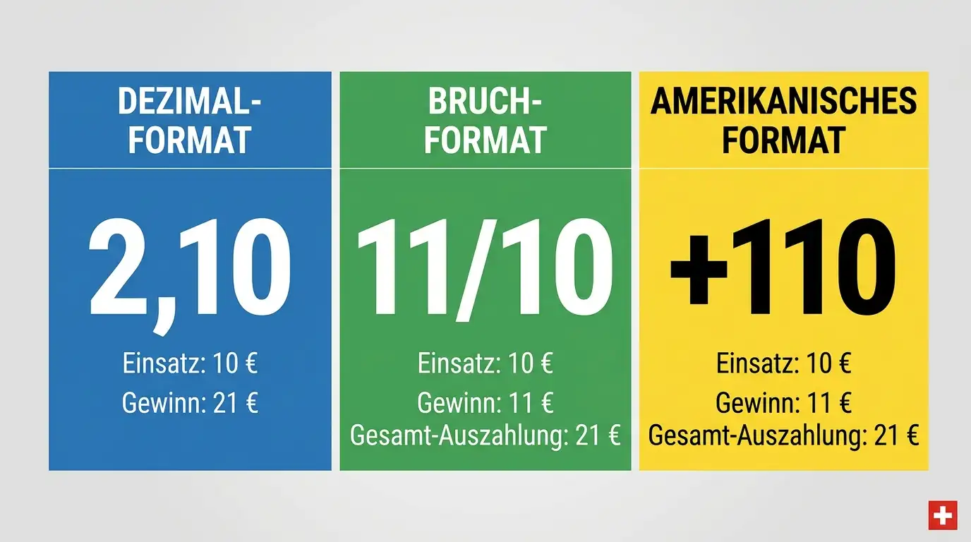 Übersicht der drei Quotenformate Dezimal, Bruch und Amerikanisch mit Schweizer Fussball-Beispielen erklärt