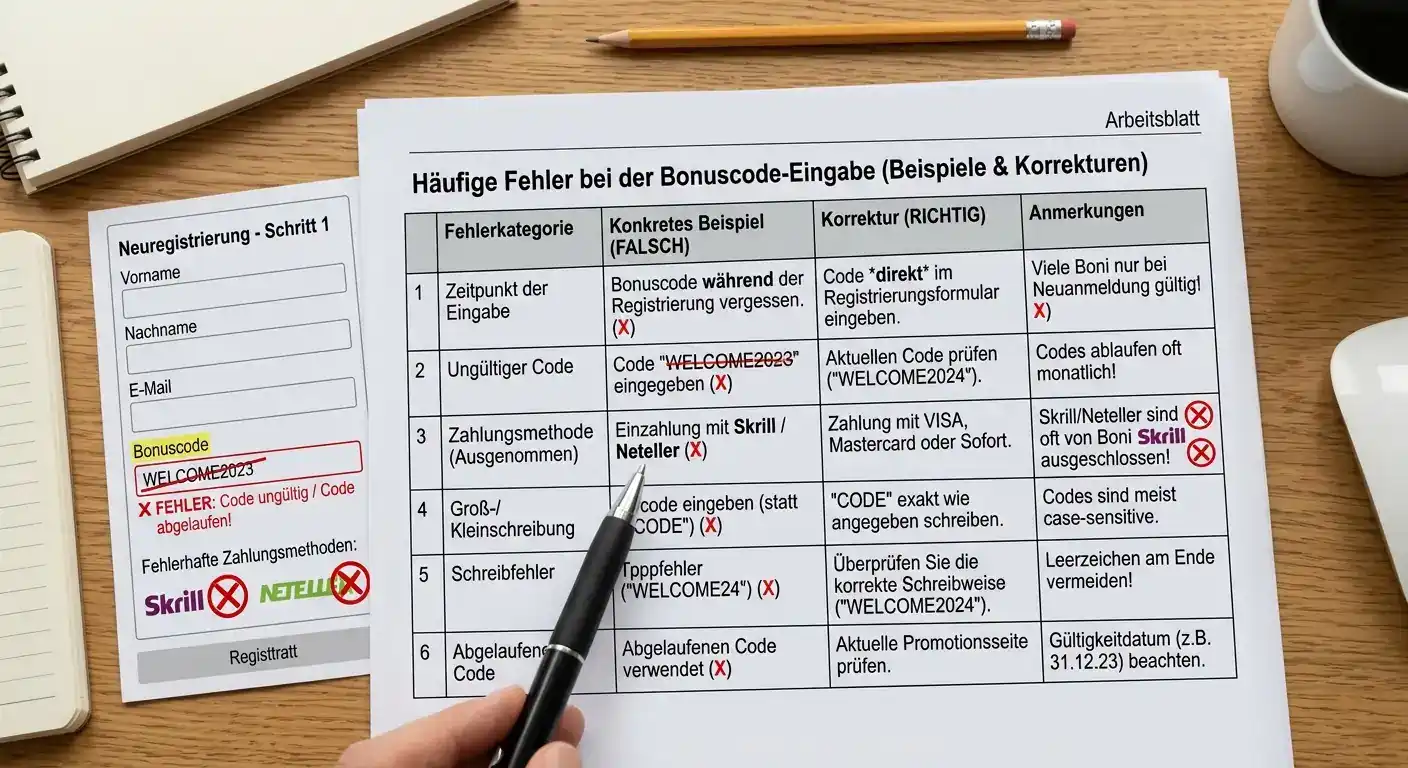 Häufige Fehler beim Einlösen von Sportwetten Bonus Codes – falsche Reihenfolge und ungültige Zahlungsmethoden
