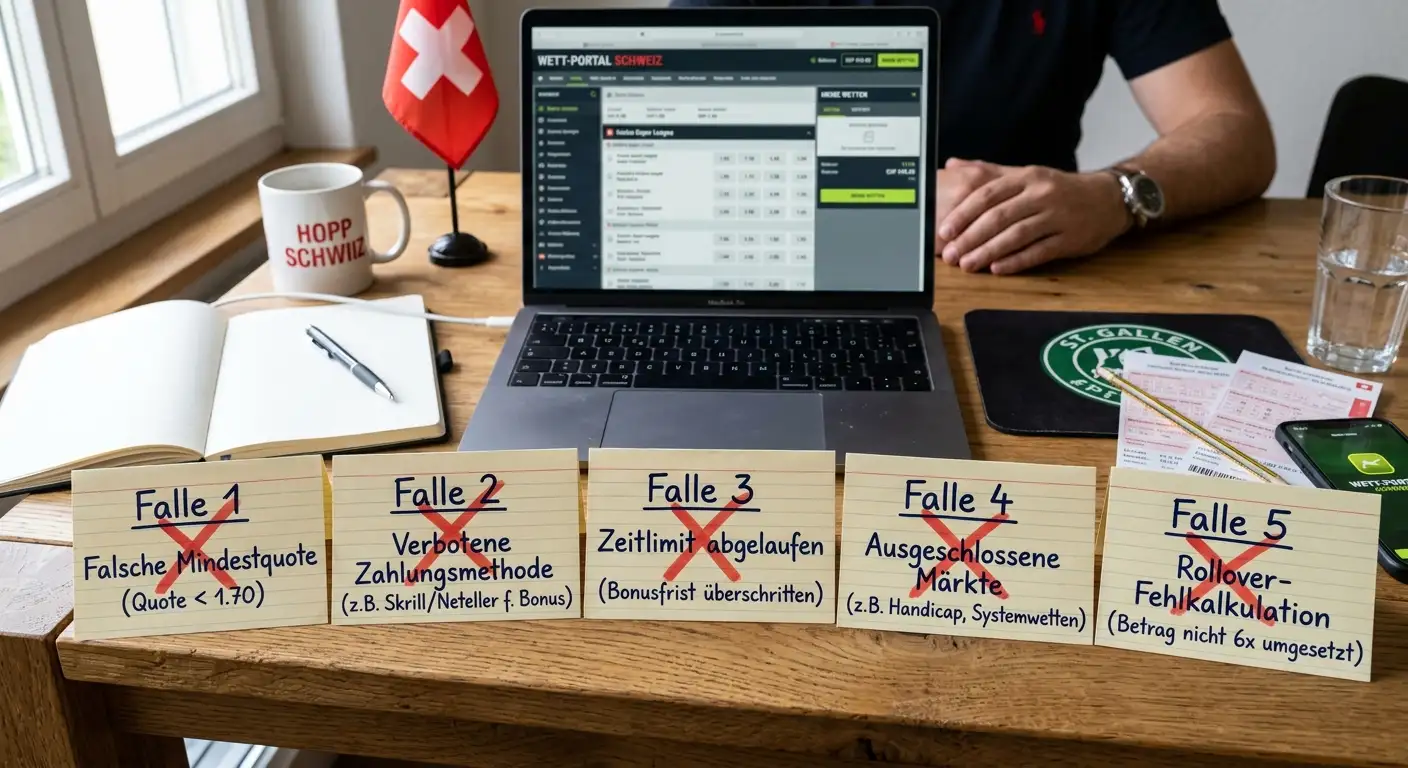 Sportwetten Bonus Fallen für Schweizer Tipper – 5 häufigste Fehler bei Mindestquote, Zahlungsmethode, Zeitlimit und Rollover-Kalkulation