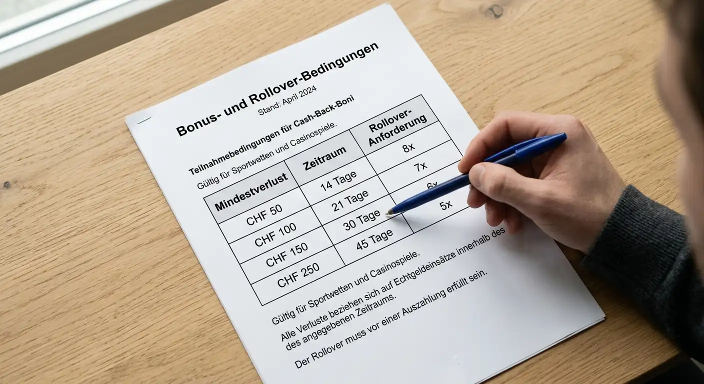 Verborgene Bedingungen beim Cashback-Bonus: Mindestverlust, Rollover und Zeitlimit für Schweizer Tipper